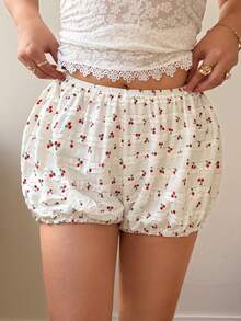 Sunnyshic 大码女式层叠荷叶边樱桃印花休闲修身短裤，春夏款 - 米色 - 查看 3