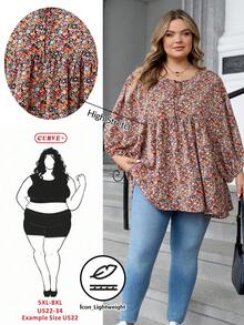 SHEIN CURVE+ Áo thun tay dài cổ tròn in họa tiết hoa nhỏ xinh xắn dành cho nữ cỡ lớn/2026/Năm mới - Nhiều màu - Xem 7