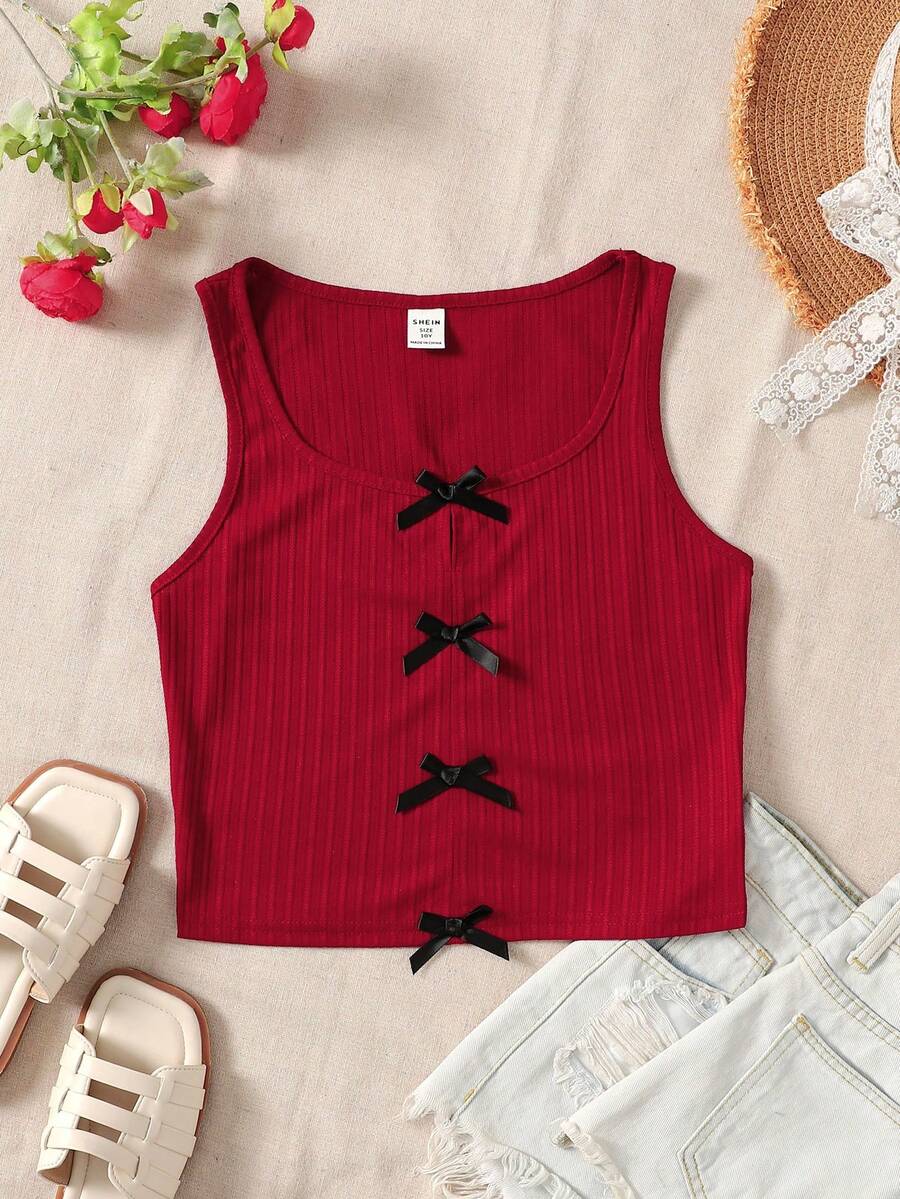 SHEIN 少女休闲蝴蝶结吊带背心 - 酒紅色 - 查看 1