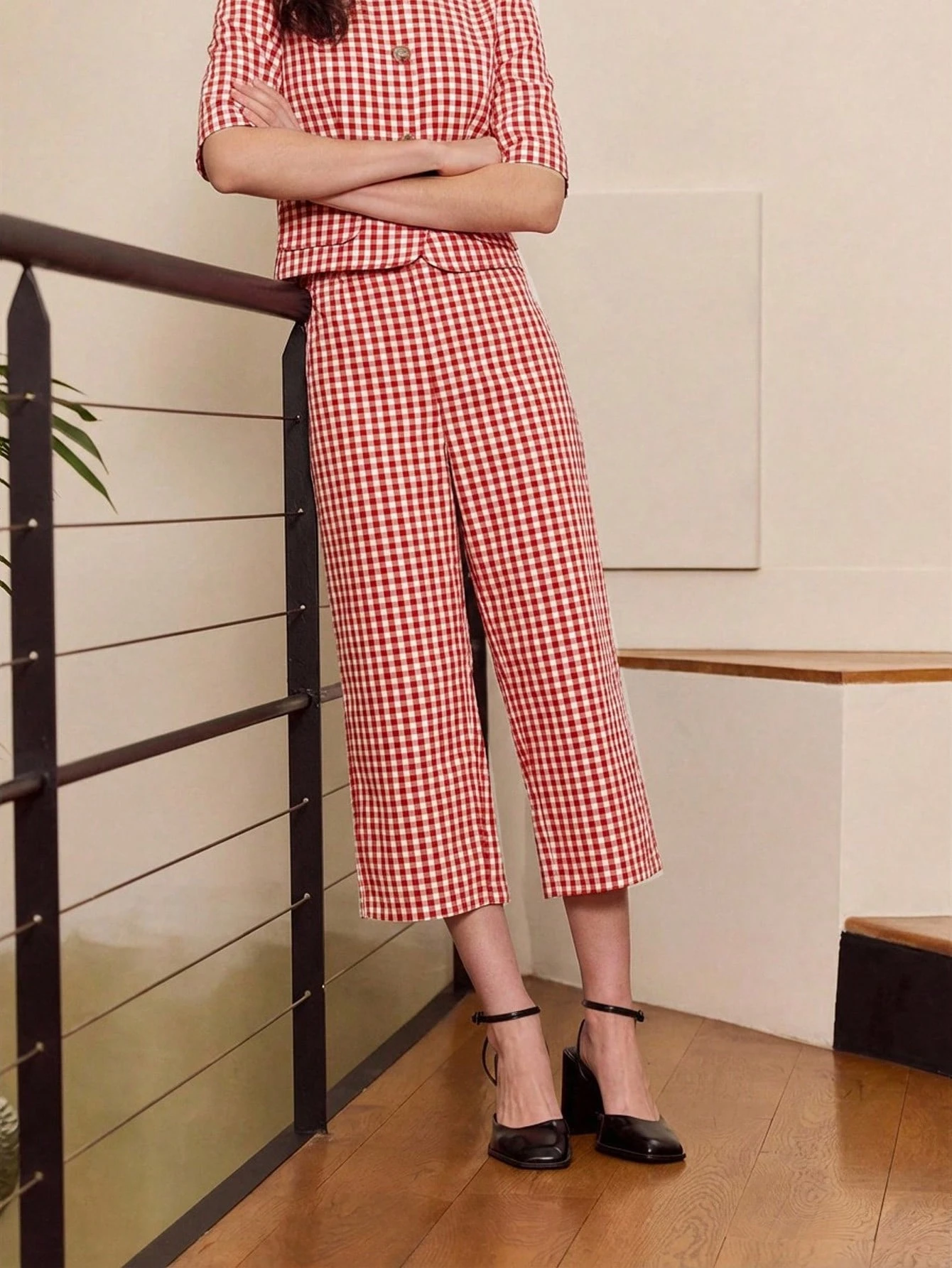 Pantaloni a gamba larga a quadri verdi in stile vintage carino