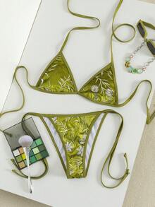 Swim Vcay Women's Beach Spring & Summer Music Festival Knit Jacquard Rustic Paillette Strapless Mature Elegant Fashion Bikini Set - Green - View 3