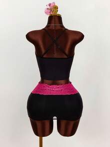 Amplova 女士印花蕾丝拼接露背吊带背心和迷你裙两件套，性感沙滩度假风 - 彩色 - 查看 3