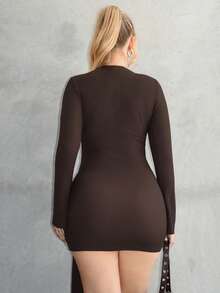 Arliah Waist-Cinched Minimalist Flare Sleeve Bodycon Cinched Waist Dress - Coffee - View 2