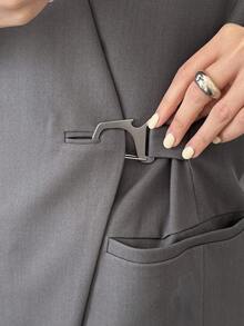 FRIFUL Áo blazer nữ màu xám trơn dáng rộng cổ chữ V có túi trang trí, kiểu dáng thường ngày. - Xám - Xem 6