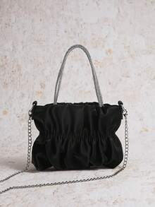 Enchnt 1pc PU Leather Bag, Party Handbag, Ruched Cloud Shaped Purse, Chain Crossbody Shoulder Bag - Black - View 5