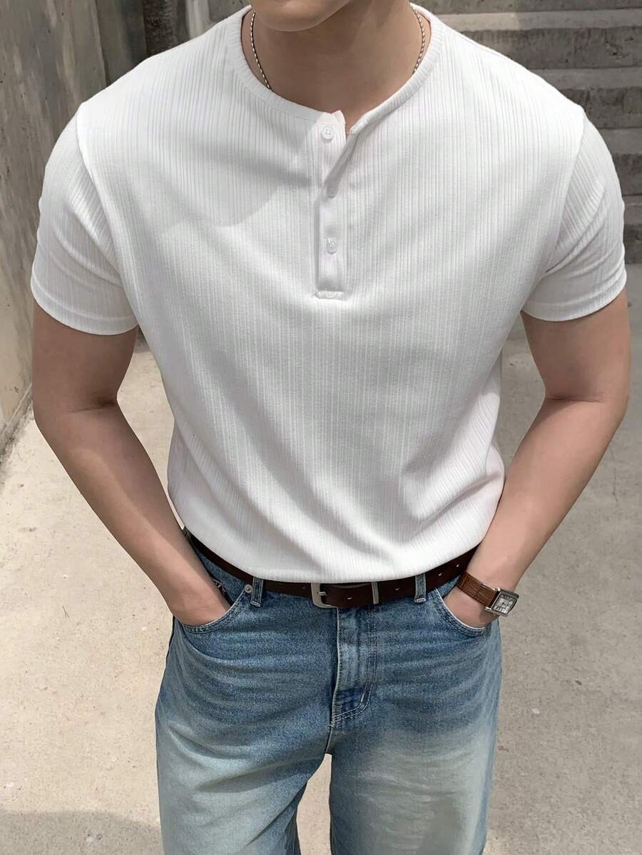 DAZY Áo thun nam cổ tròn màu trắng trơn, dáng ôm, thích hợp cho mùa hè. - trắng - Xem 1