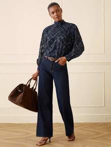 Lilora 女士优雅提花针织高领长袖衬衫 - 藍色 - 查看 5