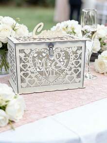 1pc Rustic Wooden Lock Wedding Card Box, Suitable For Weddings, Birthdays, Graduations - White - View 1