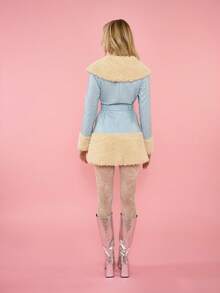 OverBlushhh 女士蓝色仿皮修身外套，系带仿毛皮，Y2K风格，可爱，性感，外套，日常穿着，派对，生日，情人节 - 藍色 - 查看 2