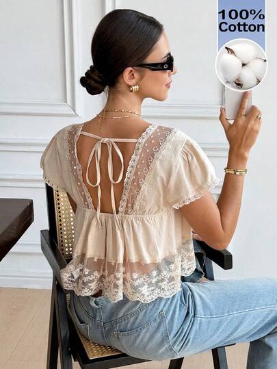 Serisse Blusa de mujer con cuello en V, manga corta y espalda con lazo, de encaje y parches, 100% algodón, estilo romántico francés, con diseño de espalda descubierta y mangas abullonadas, versátil para uso diario/casual, verano para mujeres, Día de San Valentín, Carnaval, vacaciones, blusa casual, top Y2K, blusa de encaje, blusa bohemia, top de encaje