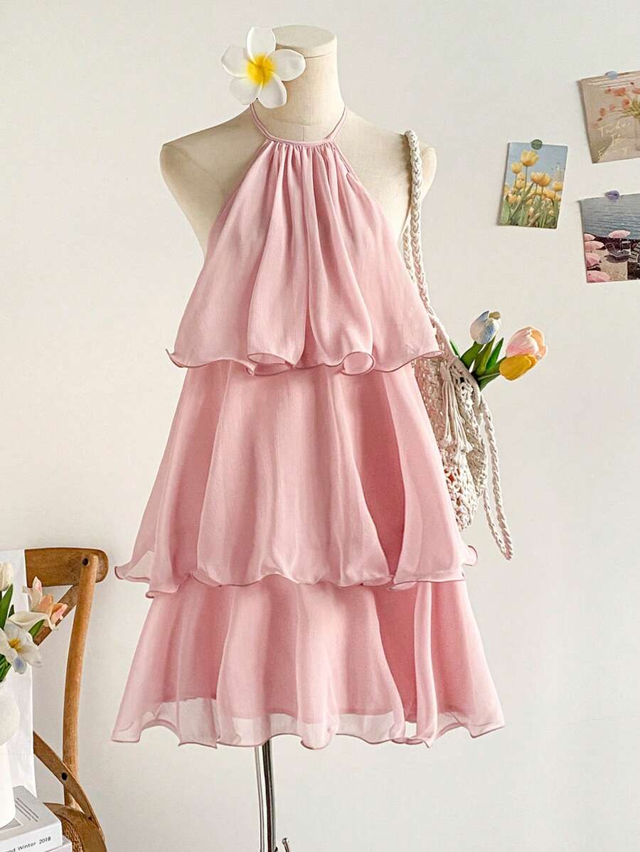 Soleia Women's Simple Solid Color Ruffle Hem Halter Backless Mini Dress, Summer,Vacation Outfits, Beach Outfits, Summer, Tropical Outfits, Cute And Fun - Pink - View 1