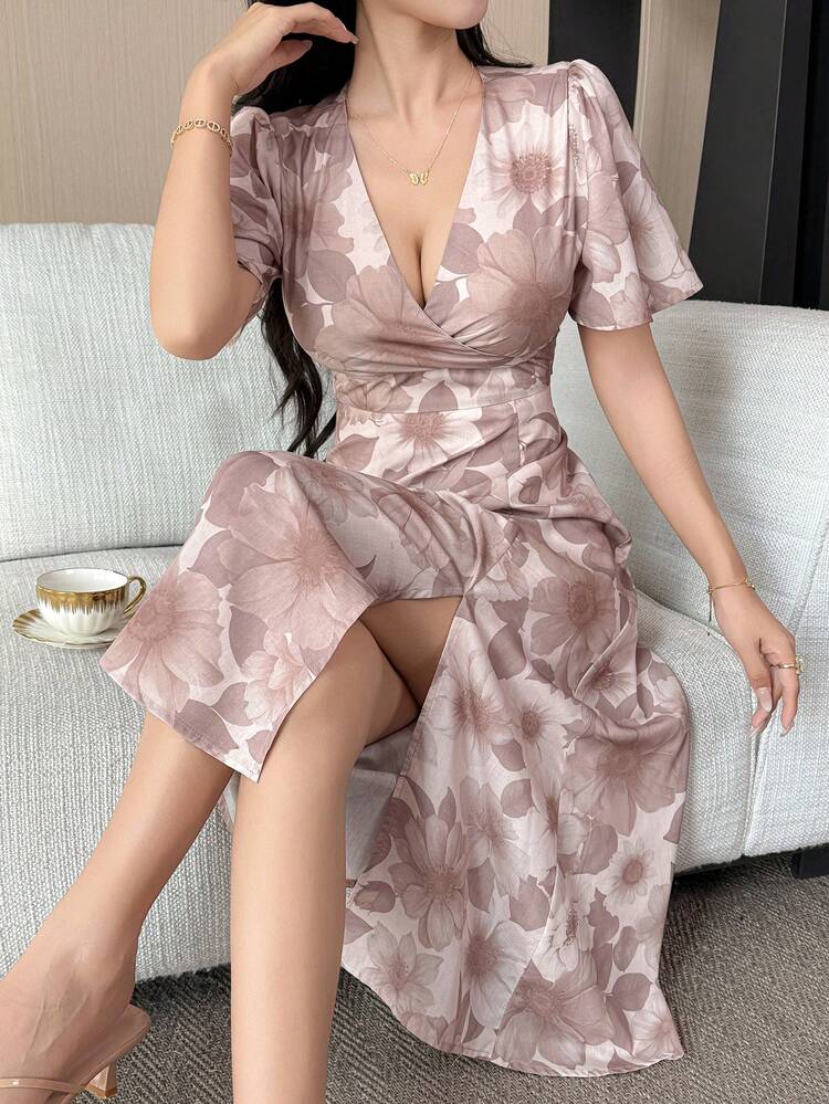 Women's V-Neck Midi Dress, Waist Cinched Chiffon Dress Sundress Cocktail Dress