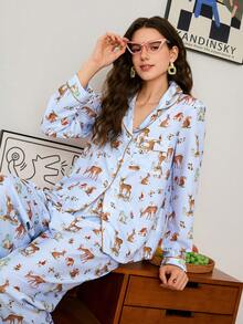 Deer & Rabbit Print Casual Vacation Long Sleeve Lapel Women Pajama Set - Multicolor - View 5