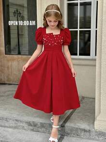 SHEIN Vestido de punto de manga corta con cuello cuadrado, mangas abullonadas, cintura ceñida y cuentas para niñas preadolescentes, vestido rojo para fiesta y uso diario - Rojo - Ver 3