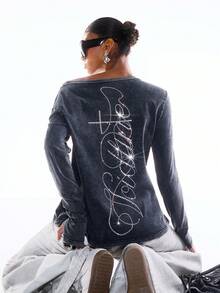 LYSMO 2026 New Arrive Minimalism Spring/Summer Women's Casual Letter Rhinestone Embellished Long Sleeve T-Shirt, Spring/Autumn/Summer Outfits For Women /Spring Outfit Women /Valentine's Day / Valentine Outfits For Women /Valentine Clothes /Valentine's Day Outfit /Birthday Outfits For Women /Going Out Top/Going Out Tops For Women /Elegant Dress Women /Elegant Women's Blouses / Elegant Blouses For Ladies / Casual Blouses For Women /Vacation Outfits Women / Holiday Outfits For Women / Y2k Clothes / 2000s Style/Y2K Tops/Carnival Costume /Carnival Women Look 2026 /Party Top/Party Outfit - Black - View 2