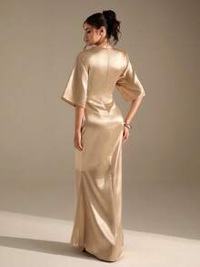 CLARA VERO Women's Satin Rhinestone Decor Asymmetrical Ruffle Hem Dress - Champagne - View 4