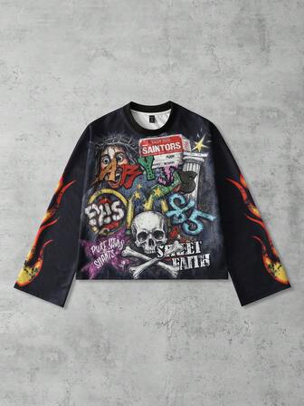 Street Life Herren Lässig Rundhals Langarm T-Shirt mit modischen Prints, Retro Street Style