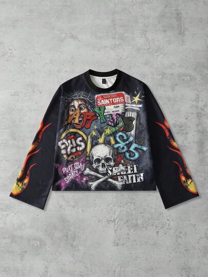 Street Life T-shirt homme décontracté à manches longues et col rond, imprimés à la mode, style rétro urbain