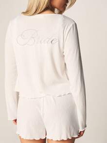MISSGUIDED Conjunto de pijama de punto acanalado con botones, sujetador y pantalones cortos para ropa de estar en casa y ropa de dormir cómoda - Beis - View 5
