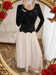 SHEIN LUNE Women's Knitted & Woven Fabric Round Neck Long Sleeve Fitted Waist Splice Mesh A-Line Dress,Black And Beige,Autumn,Elegant,Tea Party,Glamorous,Outing - Multicolor - View 7