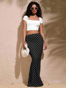 Opulessa Casual Vacation Style Sexy Retro Black Base White Polka Dot Allover Print Skirt, Suitable For Spring/Summer Vacation, Versatile - Multicolor - View 5
