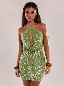 SHEIN BAE Váy ngắn đính sequin dành cho nữ - màu xanh lá - Xem 5