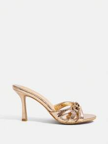 CUCCOO SZL Giày sandal cao gót nữ màu trơn, trang trí dây xích, thời trang, thanh lịch, thích hợp cho kỳ nghỉ xuân, lễ Phục sinh, ngày Valentine. - Lưới kim loại màu Champagne PU - Xem 3