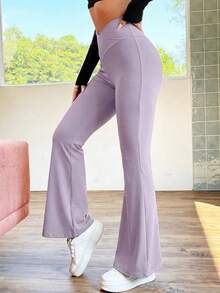 SHEIN EZwear 女士休闲高腰喇叭裤，浅紫色，春夏款 - 淺灰紫 - 查看 3