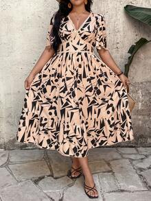 Breezaya Plus Size Women Geometric Print V-Neck Ruffle Sleeve Elegant Dress - Khaki - View 1