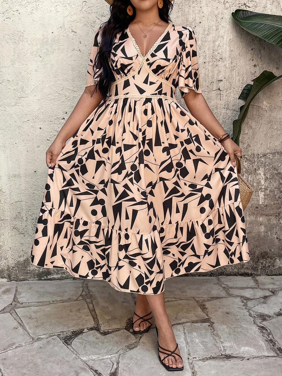 Breezaya Plus Size Women Geometric Print V-Neck Ruffle Sleeve Elegant Dress - Khaki - View 1