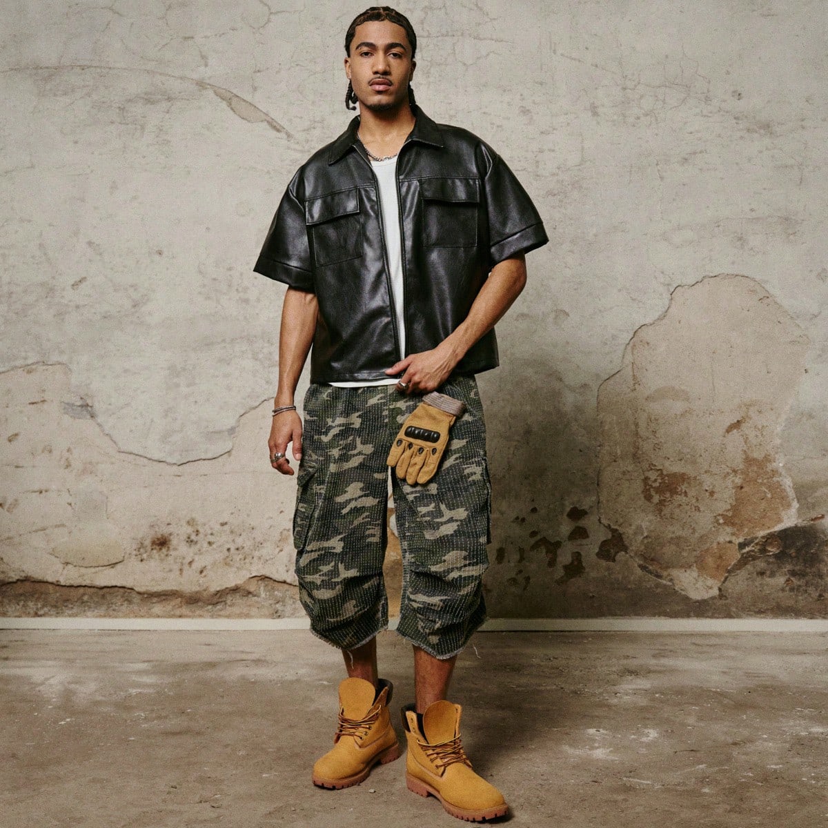 Camisa corta de manga corta con cremallera, estilo hip hop, holgada, de cuero para hombres, camisa negra con cremallera