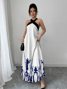 Rafferiza Đầm nữ mùa hè phong cách Bohemian, cổ yếm, hở lưng, thắt nơ, phối màu tương phản, dáng xòe, họa tiết in nổi. - Màu xanh hải quân - Xem 6