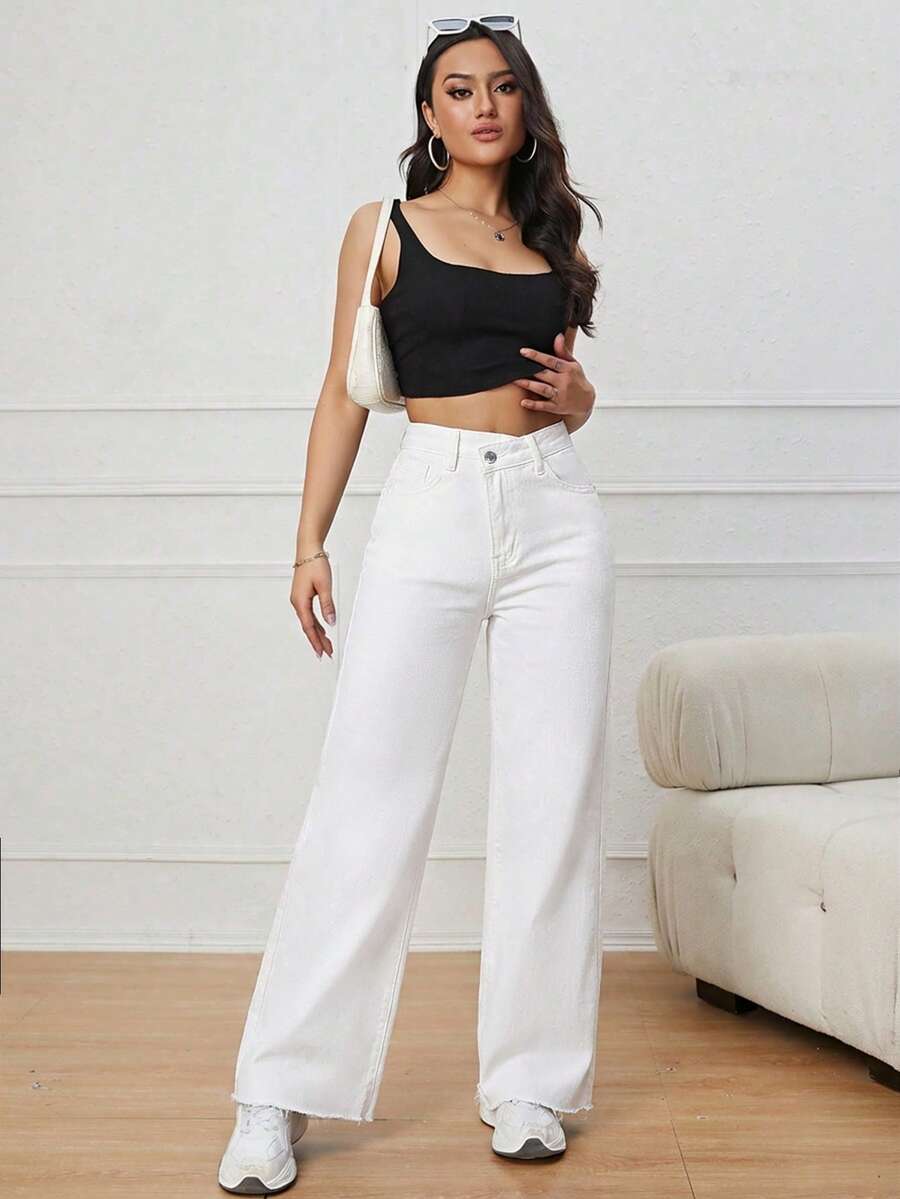 SHEIN PETITE Quần jeans nữ dáng rộng thoải mái, túi xéo, ống rộng, gấu quần rách - trắng - Xem 1