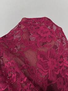 Firerie Women's Solid Color Stand Collar Raglan Sleeve Lace Fitted Cropped T-Shirt - Burgundy - View 7