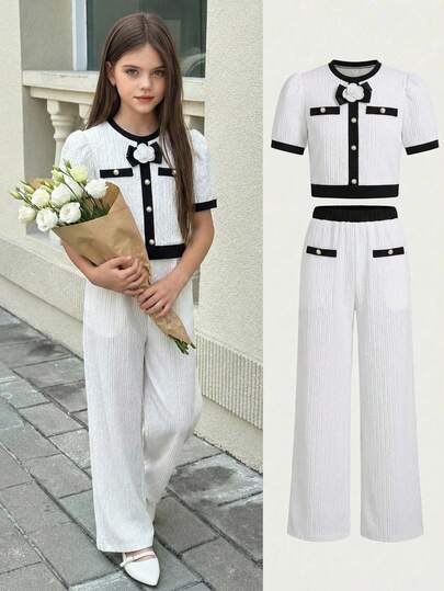 SHEIN 2pcs/Set Tween GirlsKnitted Pearl Button Contrast Color Set, Fashionable Elegant Style, Versatile, Suitable For Birthday Party, Dining, Holiday, Leisure And Entertainment