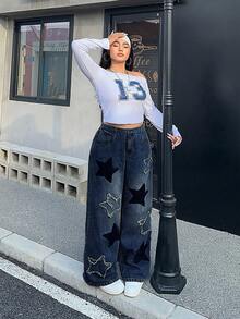 SHEIN ICON Quần jeans dáng suông rộng rãi, thoải mái, có túi trang trí hình ngôi sao năm cánh, cỡ lớn. - Rửa tối - Xem 6