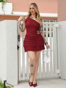 Arliah 优雅不对称领口上衣和荷叶边半身裙套装，夏季 - 酒紅色 - 查看 5