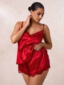 SHEIN BAE Plus Lace Trim Satin Cami Top & Shorts PJ Set / Pajama Set - Red - View 5