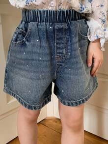 DAZY Young Girl Elastic Waist Pockets Rhinestone Embellished Loose Fit Denim Shorts - Blue - View 3