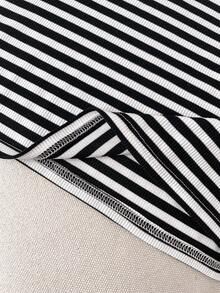 少女黑白条纹针织Polo领修身连衣裙，休闲时尚，百搭，适合派对、郊游、姐妹合照、公园、露营、度假、日常休闲穿着 - 黑色 - 查看 5