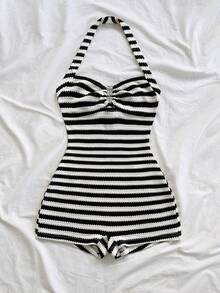 Soleia Mono de verano con detalles de anillo y tirantes para mujer - Blanco y Negro - Ver 4