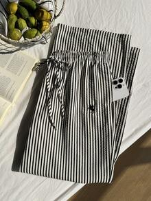 Comfortcana 大码女式休闲度假通勤条纹印花刺绣打结松紧腰宽松阔腿裤 - 黑與白 - 查看 4