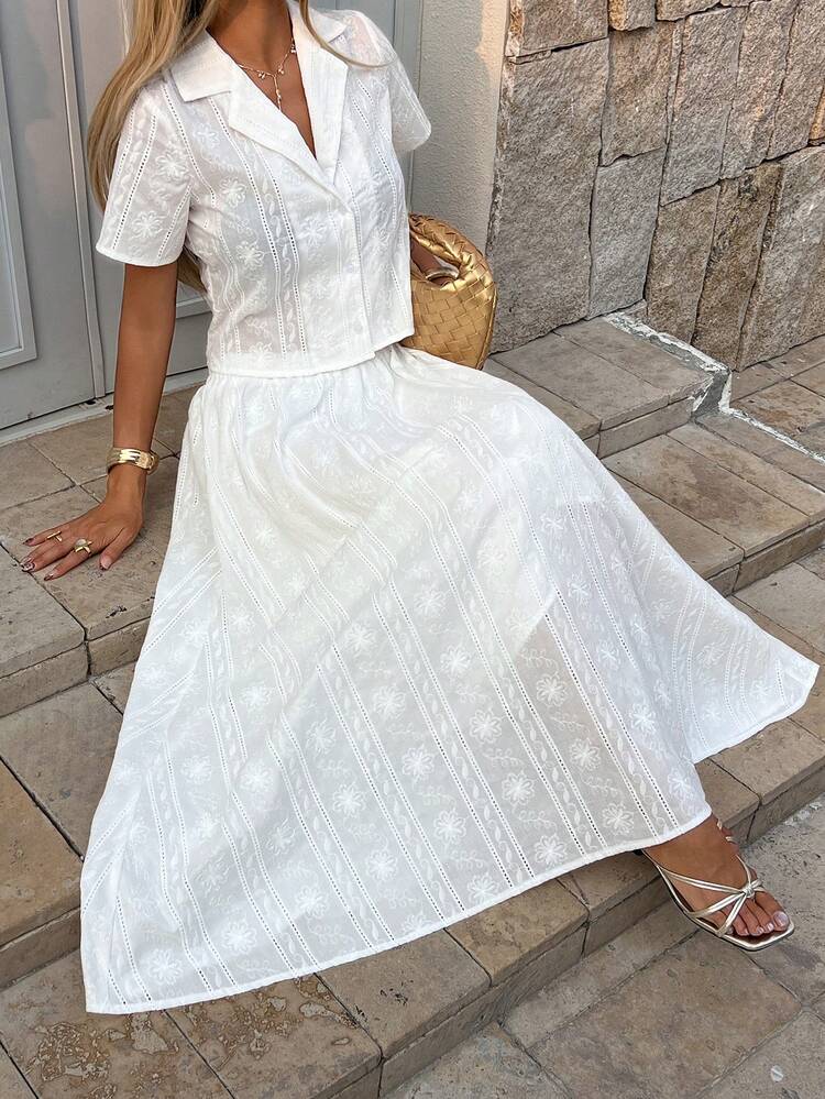 Women's Floral Embroidery Decor Collared Single-Breasted Short Sleeve Top And Skirt 2-Piece Set, Fashionable For Dates And Outings