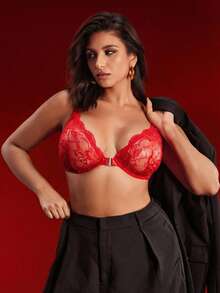 SHEIN Plus Size Wireless 3/4 Cup Lace Splicing Pushup Bra, Front Closure, Vintage Romantic Style, Red - Red - View 3