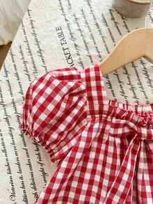 SHEIN Babygirl Cute Summer Sweet Red & White Plaid Bow Strawberry Print Loose Short Sleeve Dress - Multicolor - View 5