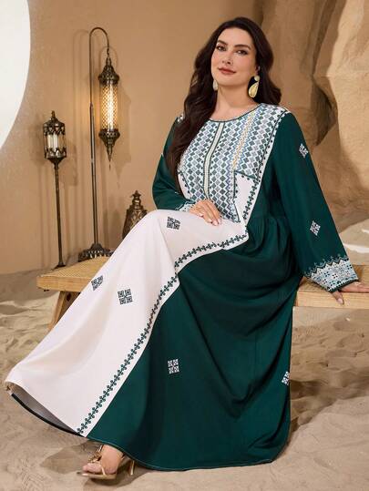 Al Najma Túnica holgada y elegante con estampado geométrico retro para mujer, talla grande