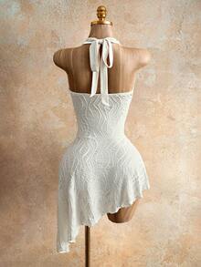 Mistrie Women's Sexy Backless V-Neck Lace-Up Halter Mini Dress With Asymmetric Hem, Suitable For Vacation, Date, Party, Music Festival - Apricot - View 2