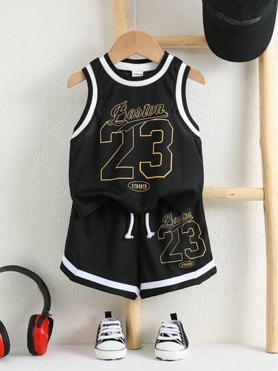 SHEIN 2pcs/Set Unisex Baby/Toddler Cute Black Basketball Jersey Outfit, 23 Number Graphic Tank Top And Sports Shorts Set, Spring/Summer Baby Boy/Girl Clothes