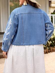 EMERY ROSE Plus Size Women Long Sleeve Single-Breasted Casual Fashion Embroidered Denim Jacket - Medium Wash - View 2