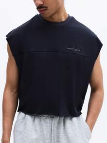 SUMWON Sleeveless Cotton Tank Top With Chest Print Regular Fit Crew Neck Summer Casual Streetwear - Navy Blue - View 5
